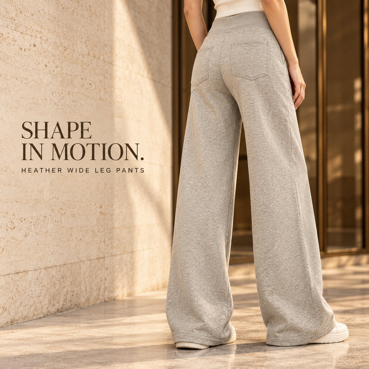 A52162 Oat Grey women's heather high-waist wide-leg pants, rear or three-quarter styling view