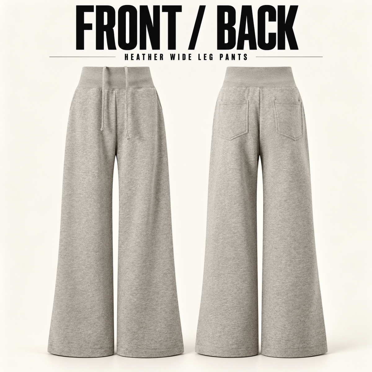 A52162 women's heather high-waist wide-leg pants, front and back garment construction