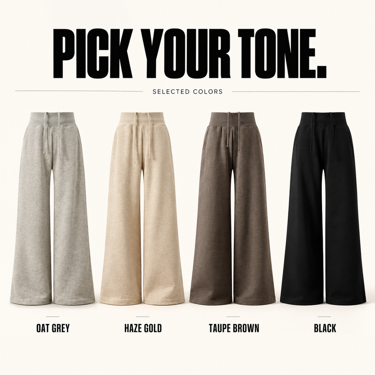 A52162 complete ready-stock color selection board showing Oat Grey, Haze Gold, Taupe Brown, Black