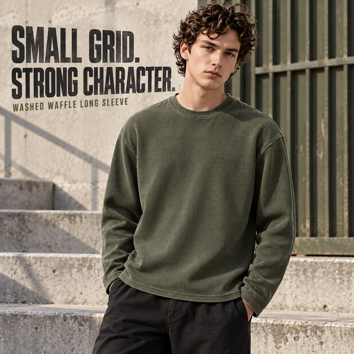 A52262 Olive Green washed waffle long sleeve T-shirt with a boxy fit on a model