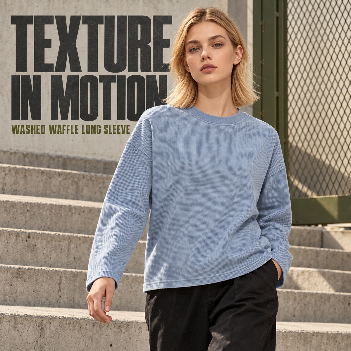 A52262 Baby Blue washed waffle long sleeve T-shirt on a model