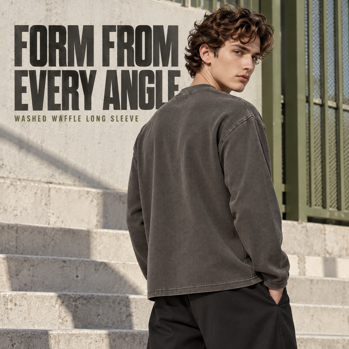 A52262 Charcoal washed waffle long sleeve T-shirt, back fit on a model