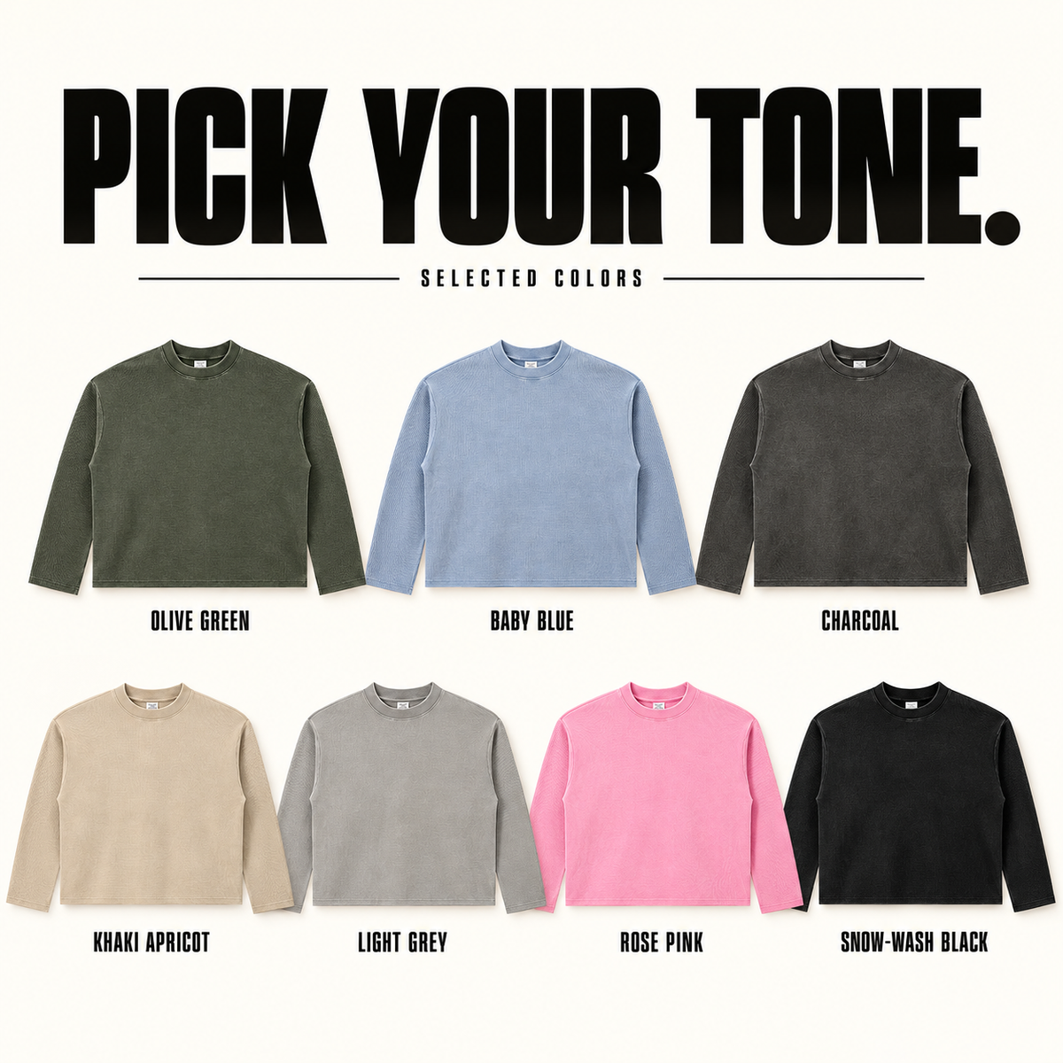 A52262 seven ready-stock colors: Olive Green, Baby Blue, Charcoal, Khaki Apricot, Light Grey, Rose Pink and Snow-Wash Black