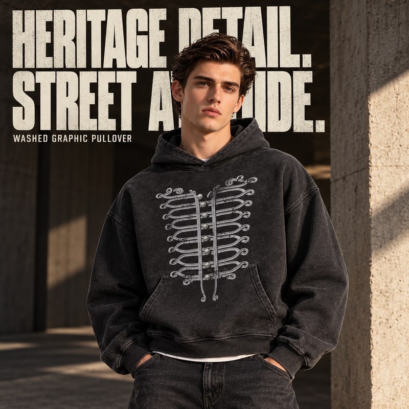 Rope Print Washed Cotton Pullover Hoodie