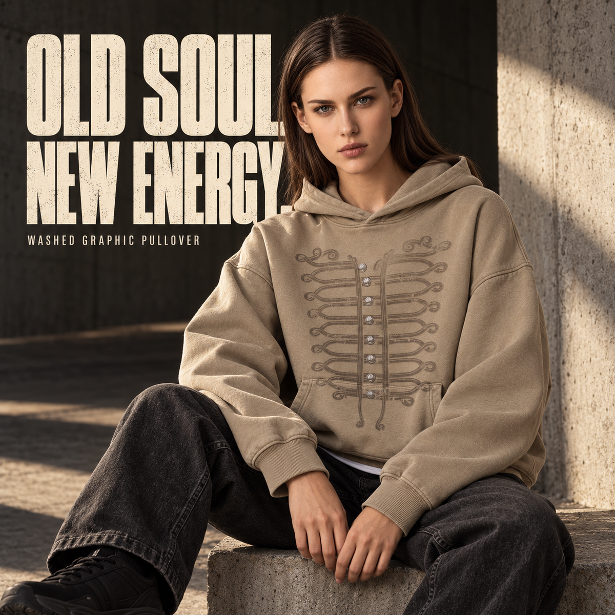 A5268 Khaki rope print washed cotton pullover hoodie, alternate styling view