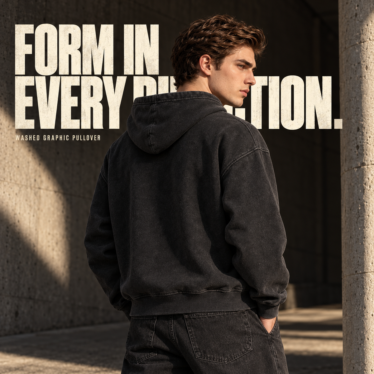 A5268 Snow Wash Black rope print washed cotton pullover hoodie, rear or three-quarter styling view