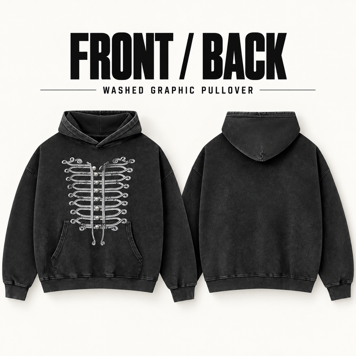 A5268 rope print washed cotton pullover hoodie, front and back garment construction