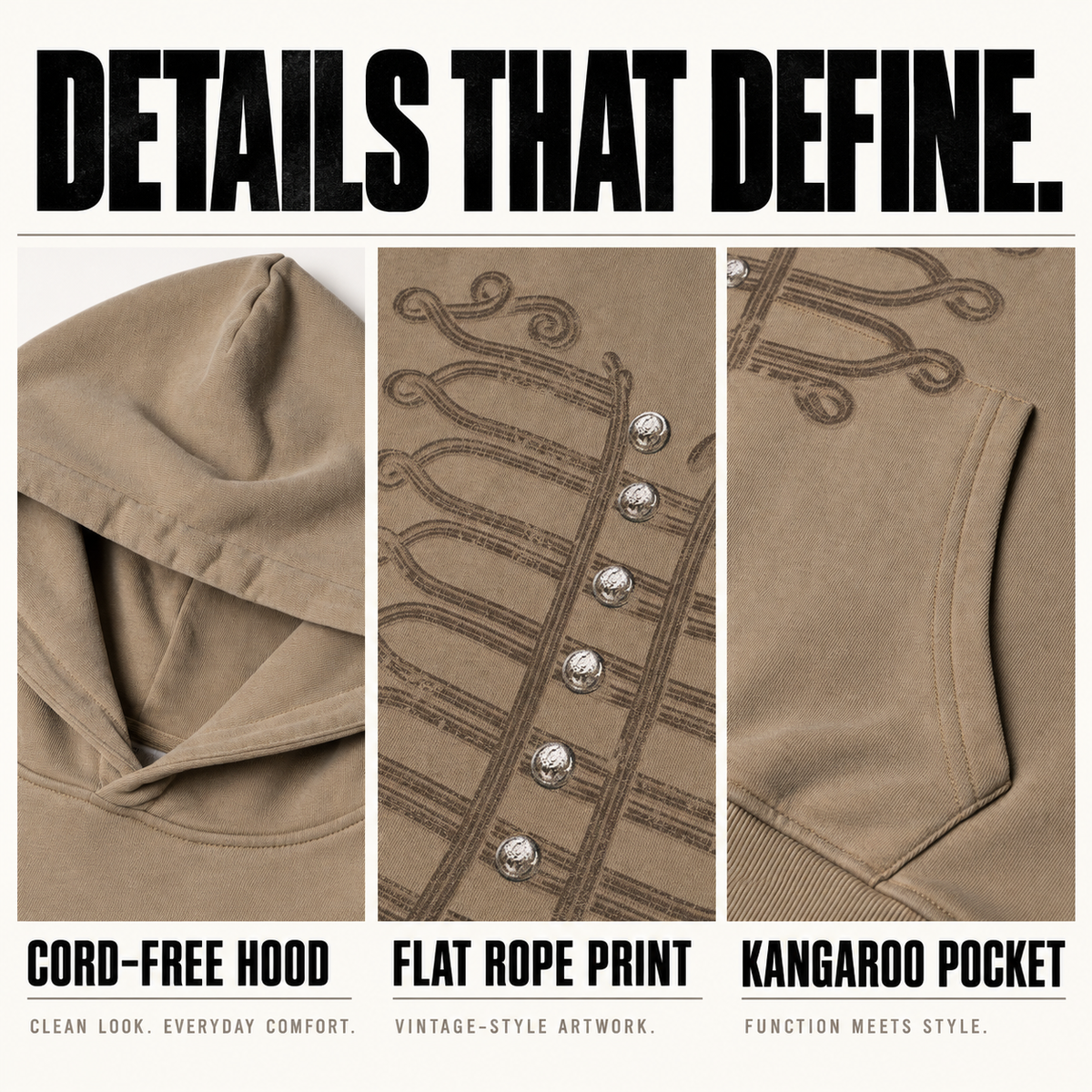 A5268 rope print washed cotton pullover hoodie, close-up construction details