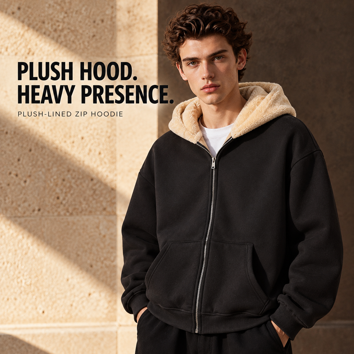A55552 Black heavy plush-lined full-zip hoodie, front styling view