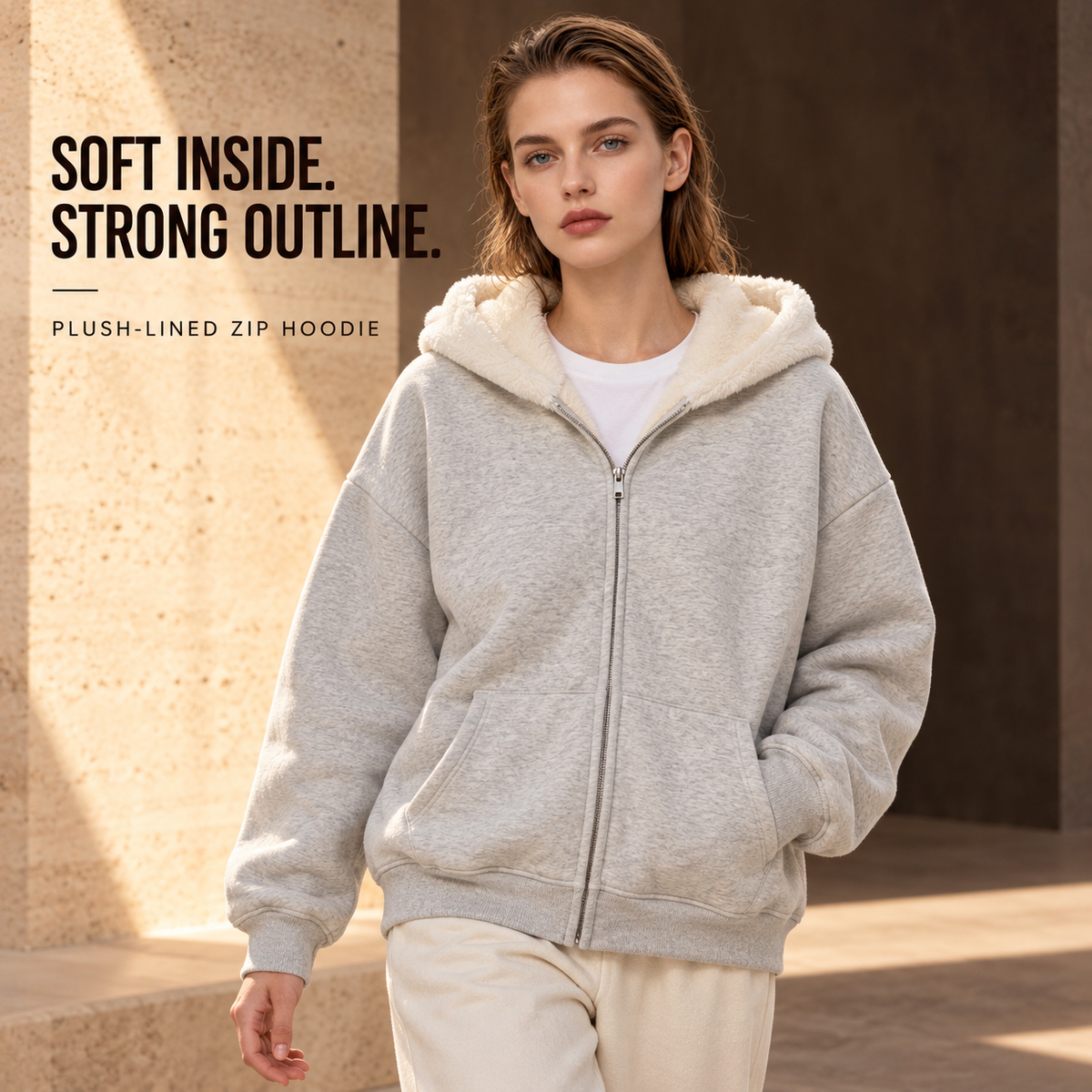 A55552 Oat Grey heavy plush-lined full-zip hoodie, alternate styling view