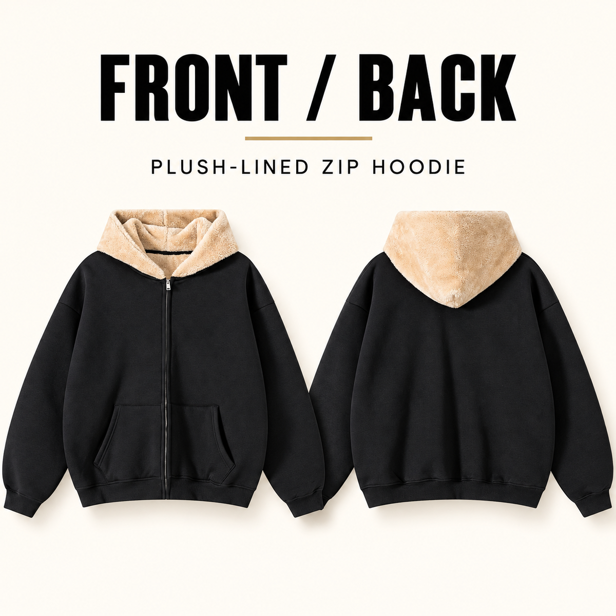 A55552 heavy plush-lined full-zip hoodie, front and back garment construction