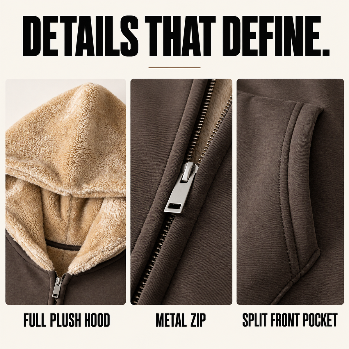 A55552 heavy plush-lined full-zip hoodie, close-up construction details