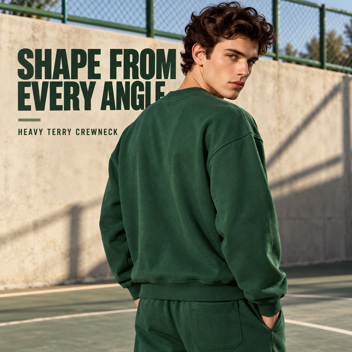 A5710 Forest Green heavy terry crewneck sweatshirt, rear or three-quarter styling view