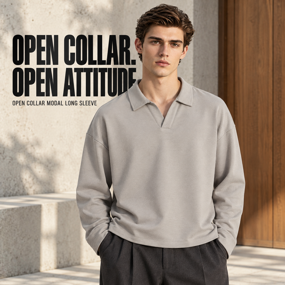 A57362 Shale open-collar modal blend long sleeve polo, front styling view