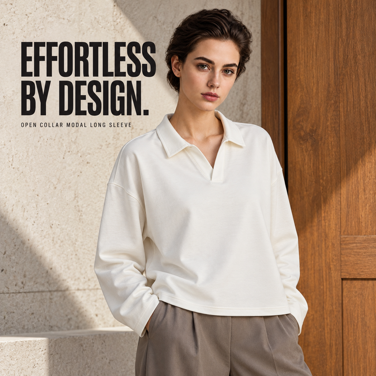 A57362 Off-White open-collar modal blend long sleeve polo, alternate styling view
