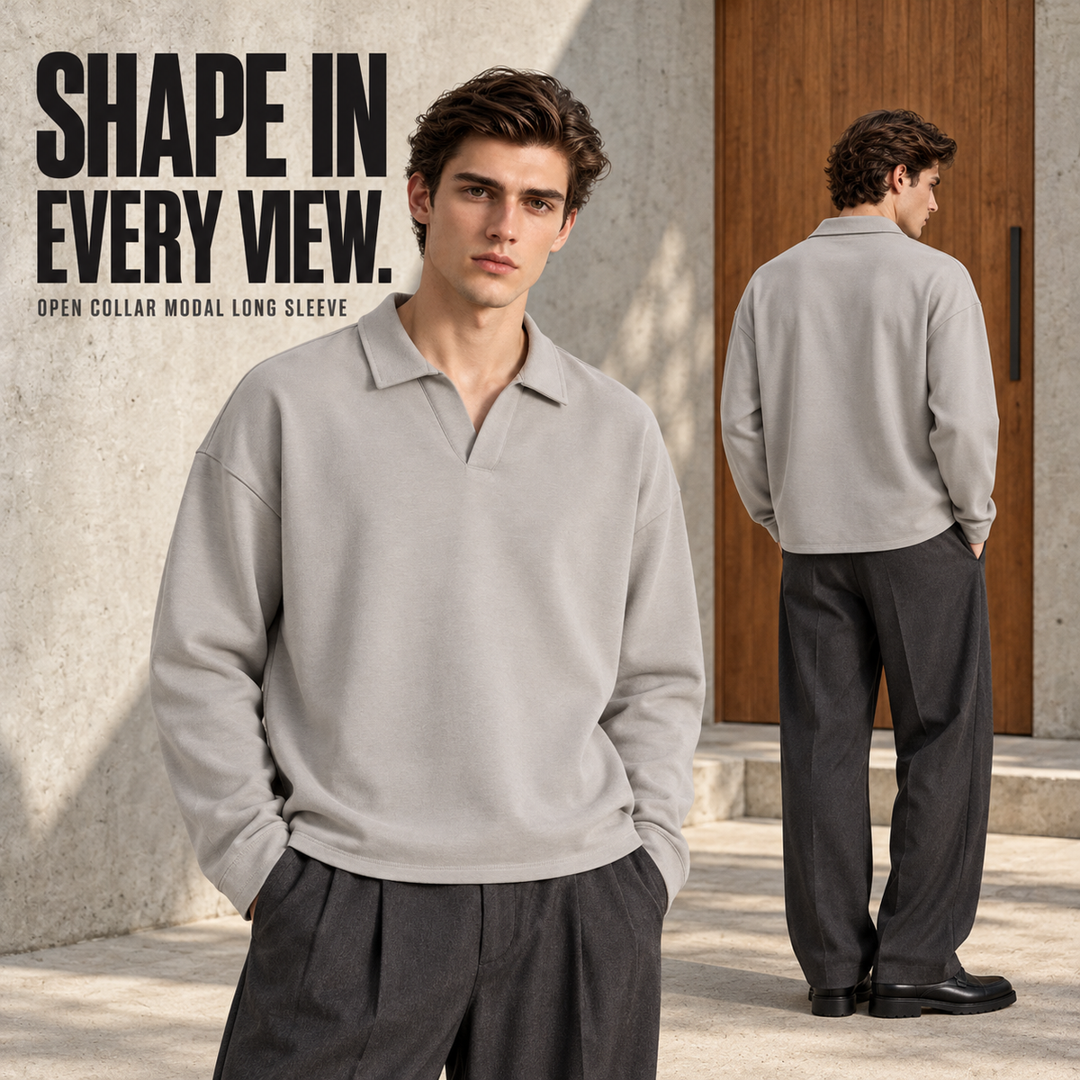 A57362 Shale open-collar modal blend long sleeve polo, rear or three-quarter styling view