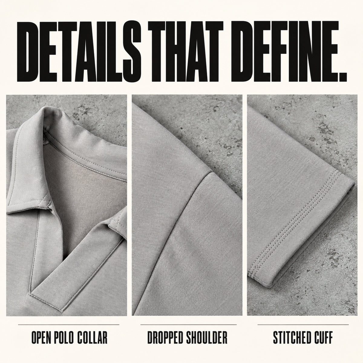 A57362 open-collar modal blend long sleeve polo, close-up construction details