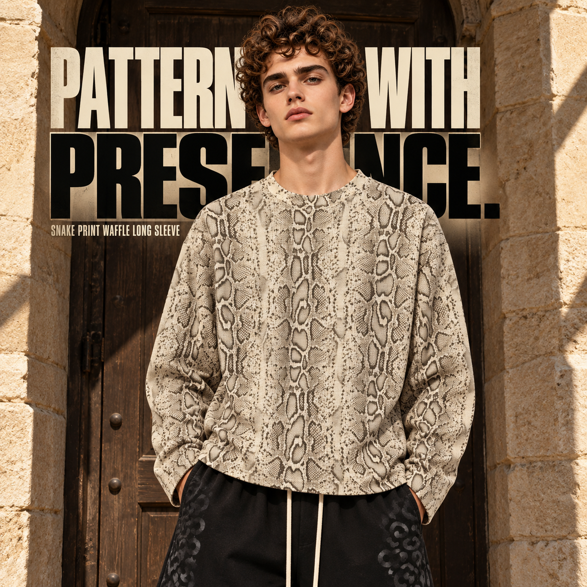 A59362 Snake-Print Apricot snake print waffle long sleeve t-shirt, front styling view