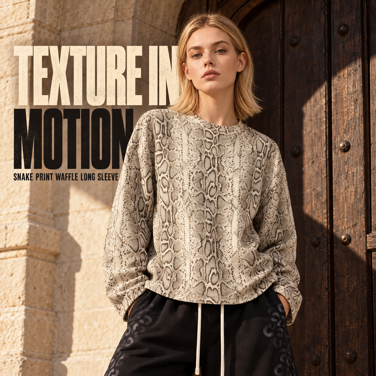A59362 Snake-Print Apricot snake print waffle long sleeve t-shirt, alternate styling view