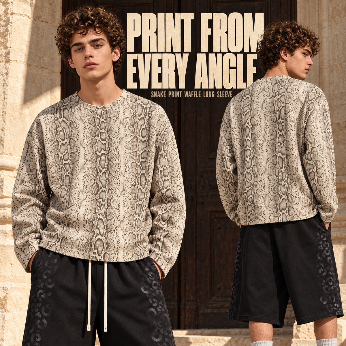 A59362 Snake-Print Apricot snake print waffle long sleeve t-shirt, rear or three-quarter styling view