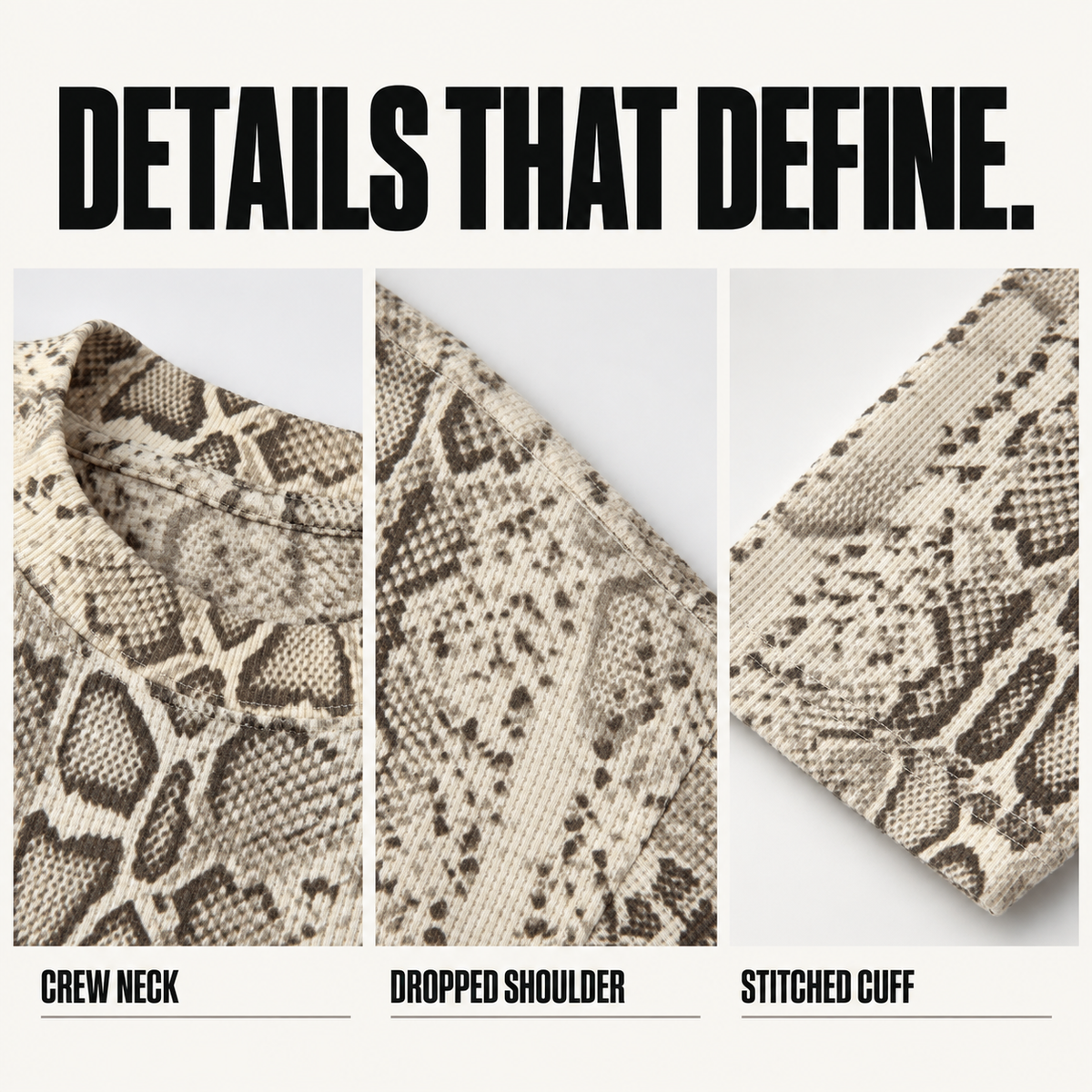 A59362 snake print waffle long sleeve t-shirt, close-up construction details