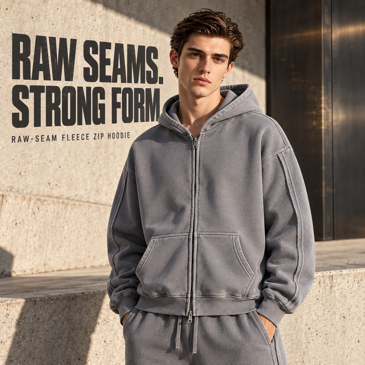 A60352 Medium Grey raw-seam fleece two-way zip hoodie, front styling view