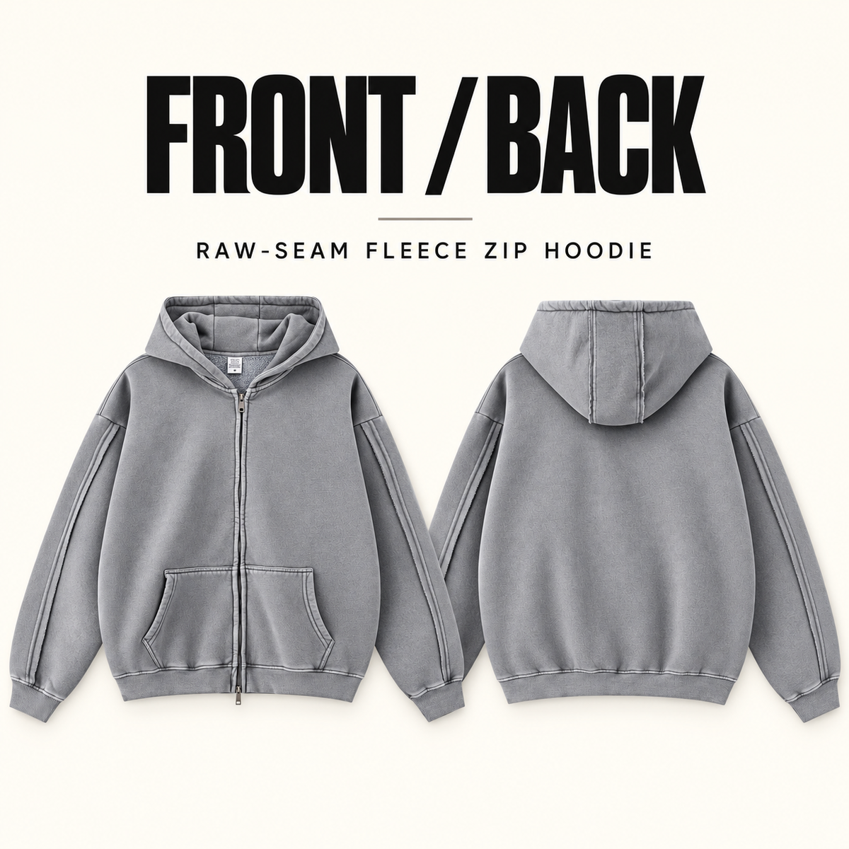 A60352 raw-seam fleece two-way zip hoodie, front and back garment construction