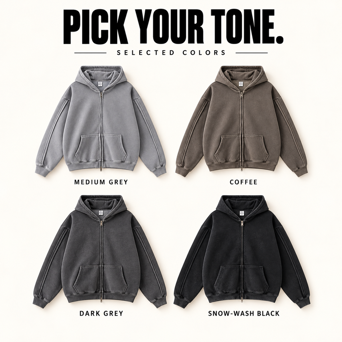 A60352 raw-seam fleece two-way zip hoodie, ready-stock color selection