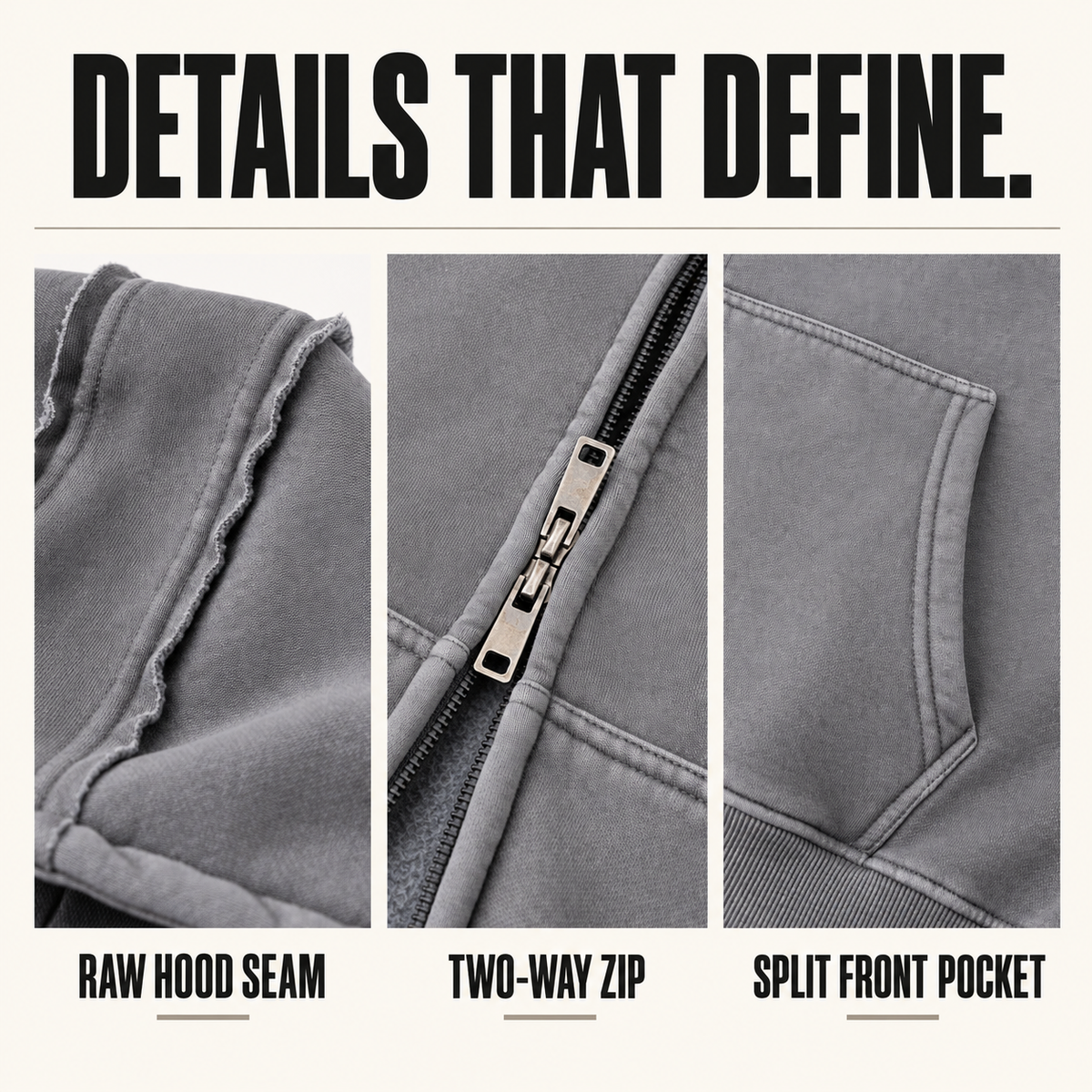 A60352 raw-seam fleece two-way zip hoodie, close-up construction details