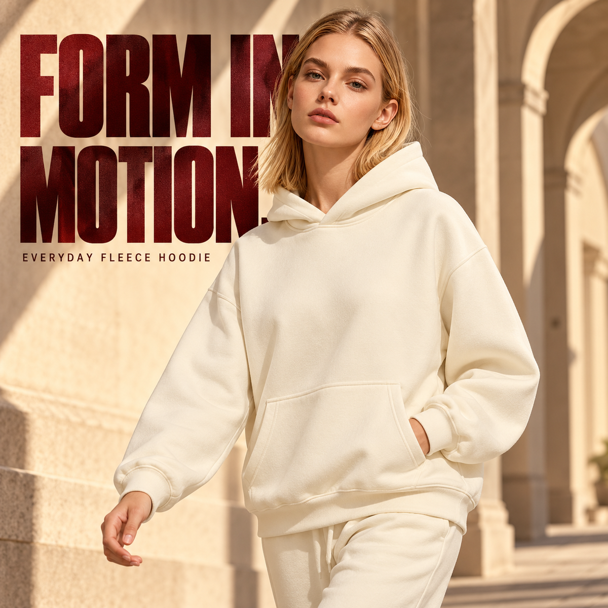 A6042 Cream relaxed plain fleece pullover hoodie, alternate styling view
