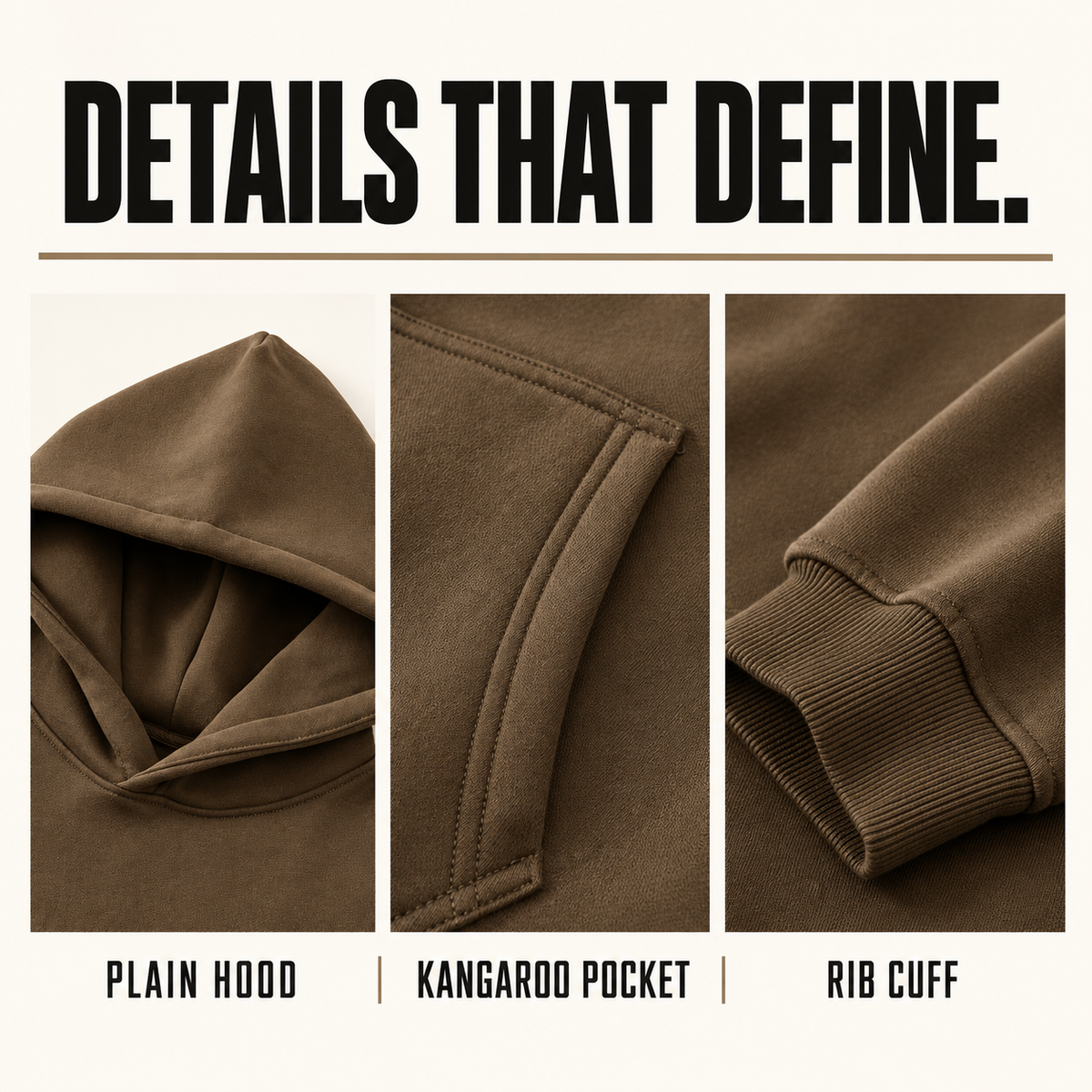 A6042 relaxed plain fleece pullover hoodie, close-up construction details