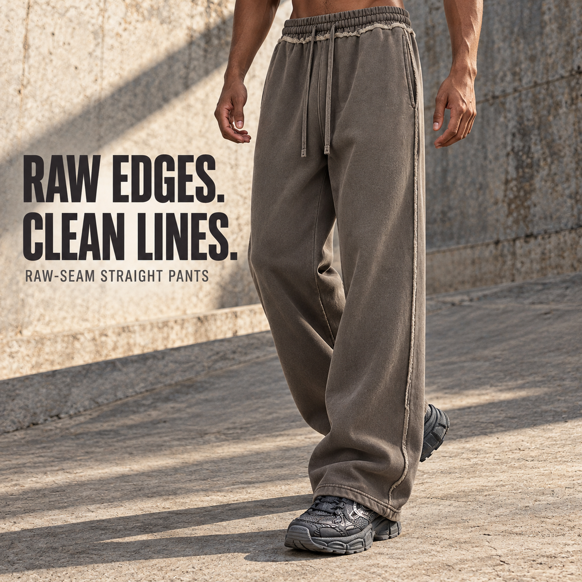 A60552 Coffee raw-seam straight-leg fleece sweatpants, front styling view