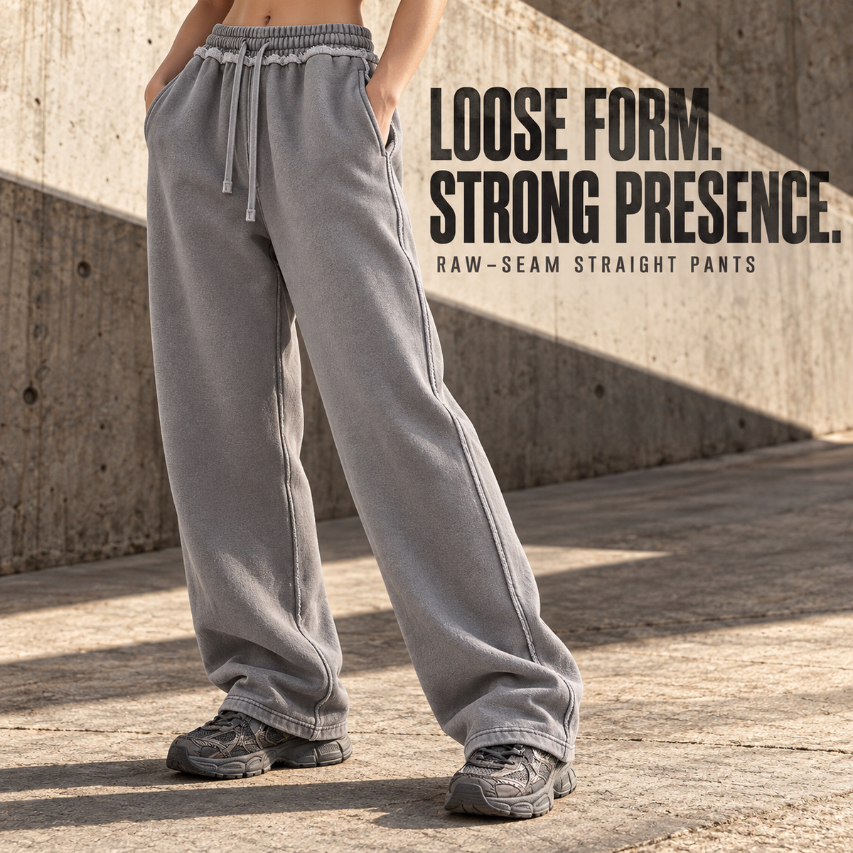 A60552 Medium Grey raw-seam straight-leg fleece sweatpants, alternate styling view