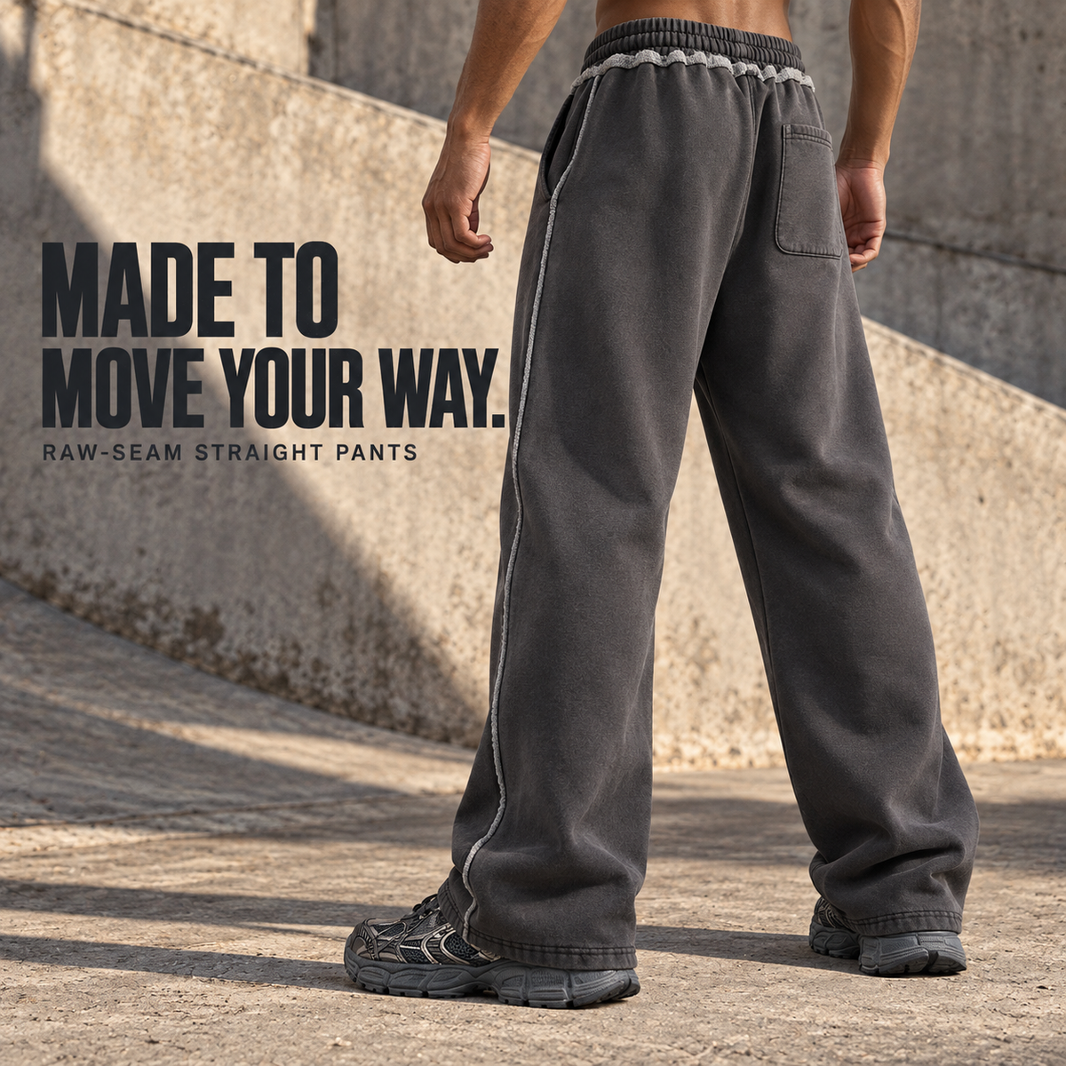 A60552 Dark Grey raw-seam straight-leg fleece sweatpants, rear or three-quarter styling view