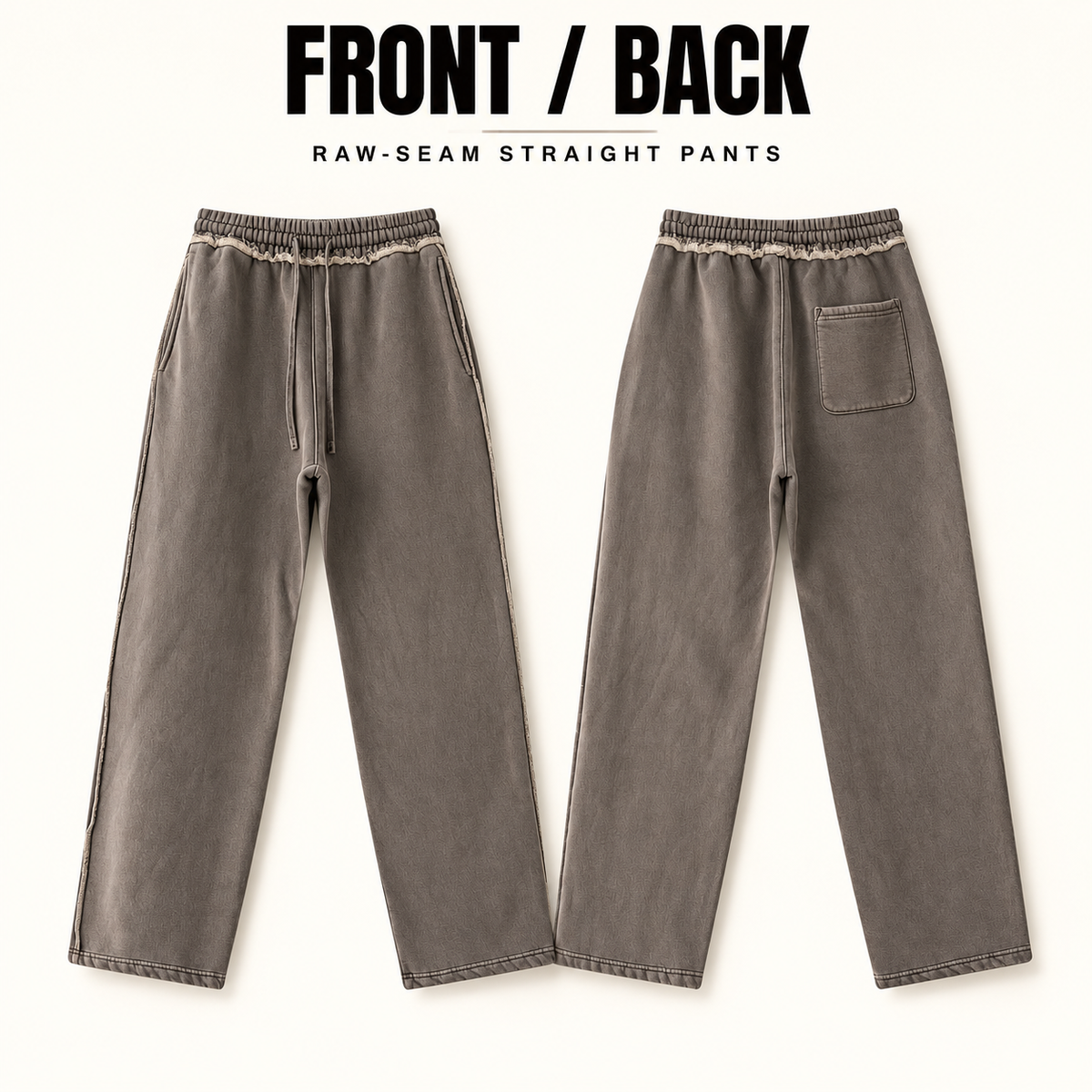 A60552 raw-seam straight-leg fleece sweatpants, front and back garment construction