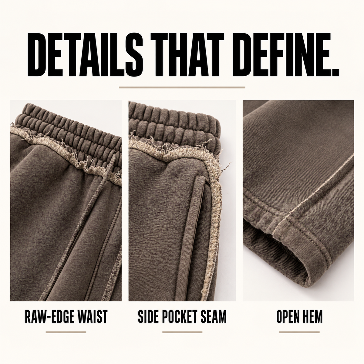 A60552 raw-seam straight-leg fleece sweatpants, close-up construction details