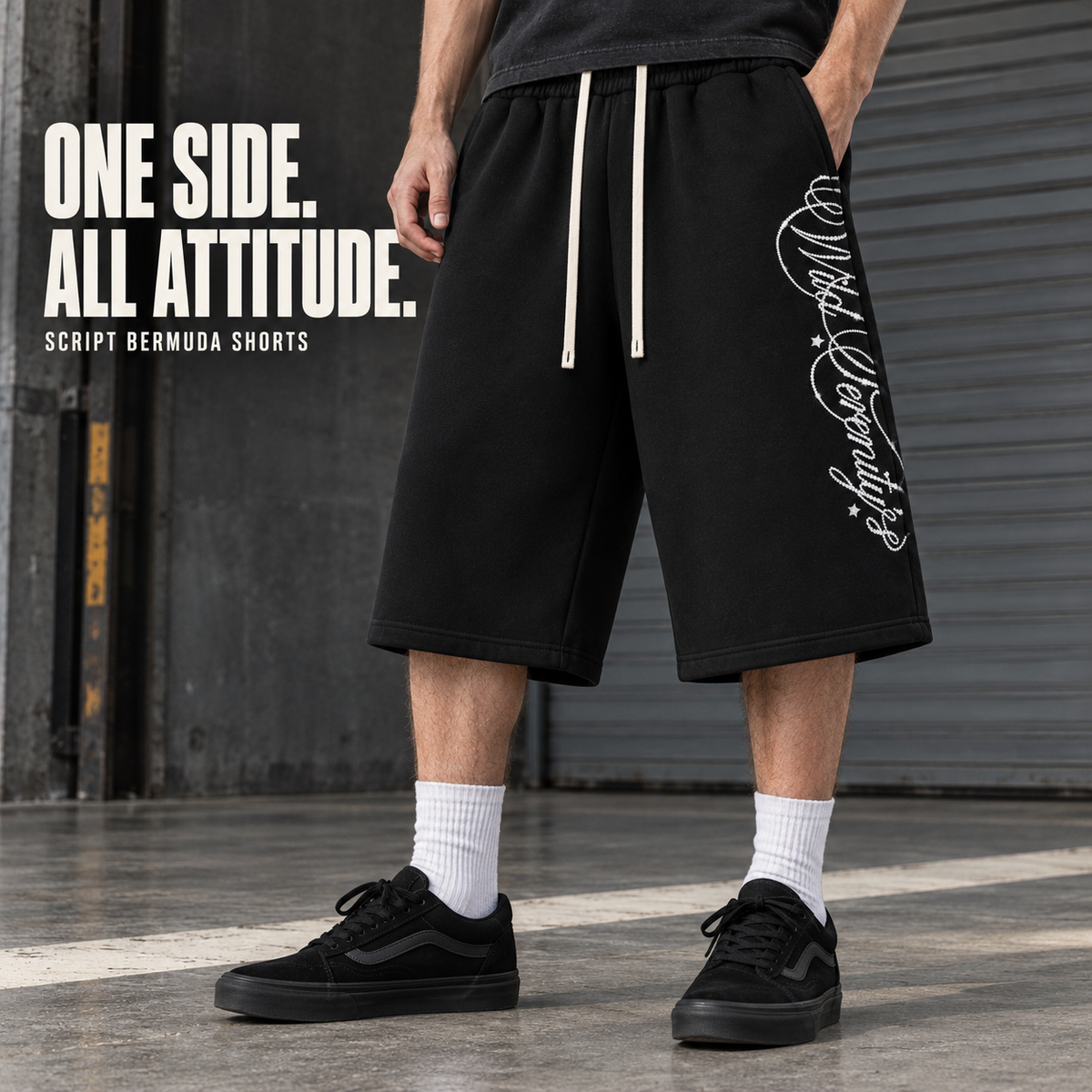 A6068 Black script print fleece bermuda shorts, front styling view