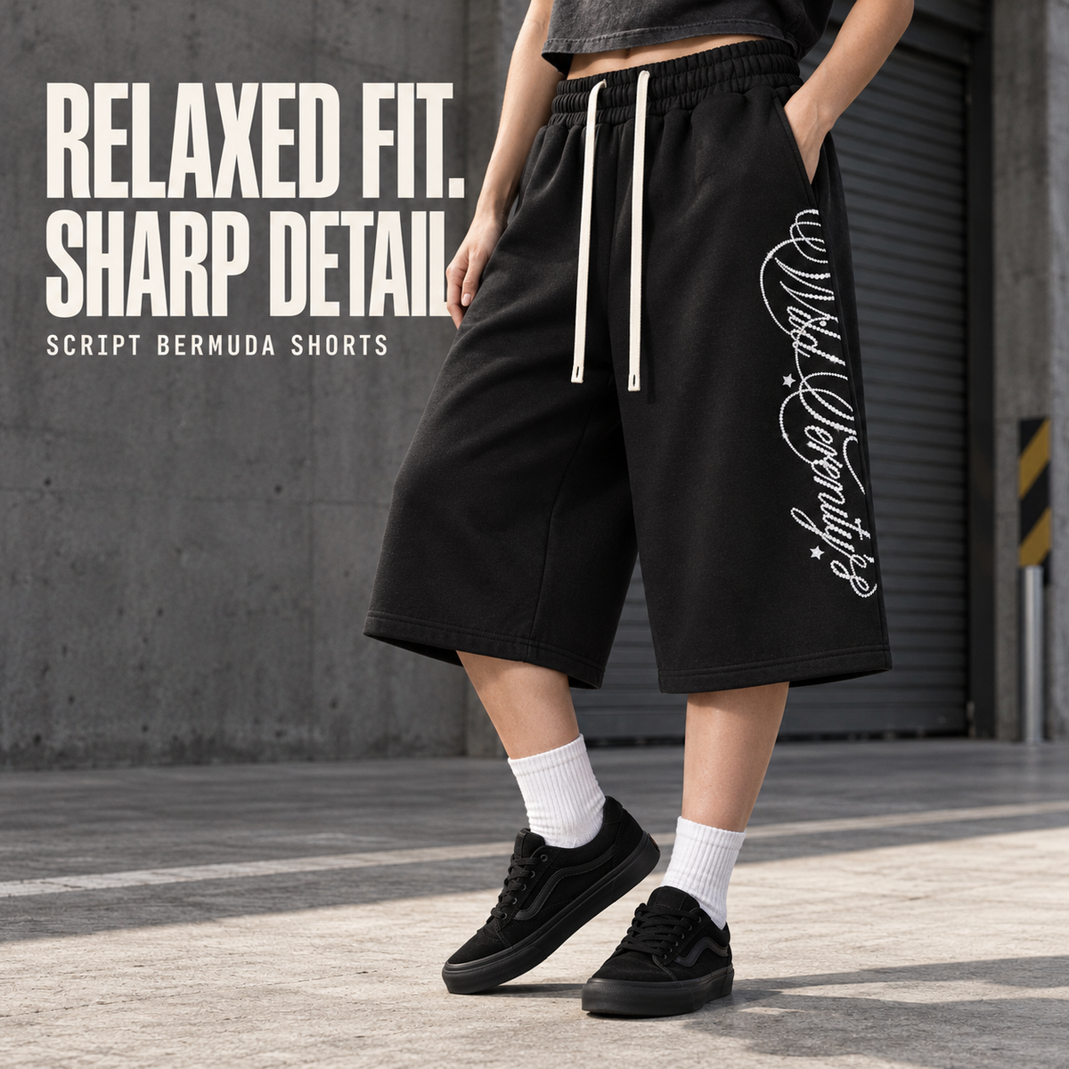 A6068 Black script print fleece bermuda shorts, alternate styling view