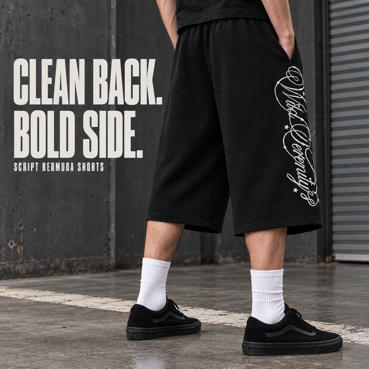 A6068 Black script print fleece bermuda shorts, rear or three-quarter styling view