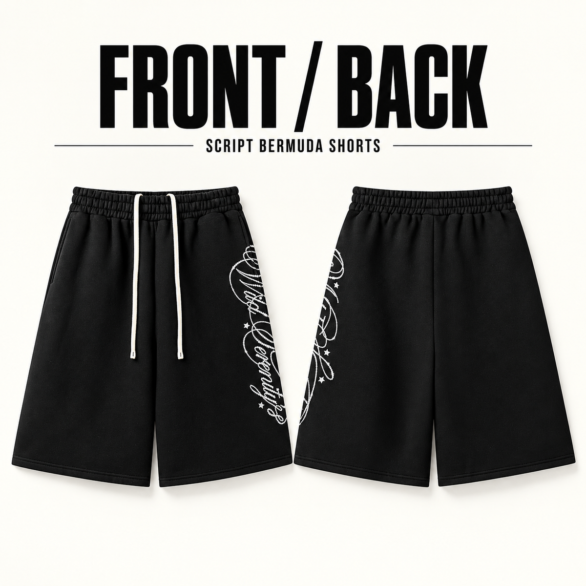 A6068 script print fleece bermuda shorts, front and back garment construction