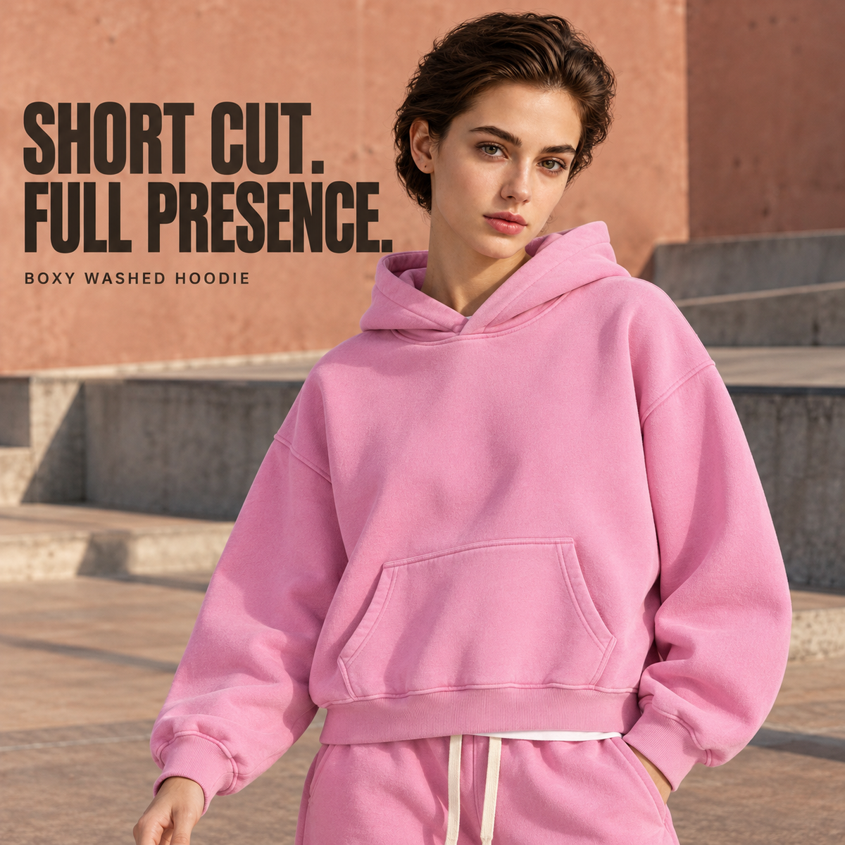A60852 Vintage Peach boxy washed fleece pullover hoodie, alternate styling view
