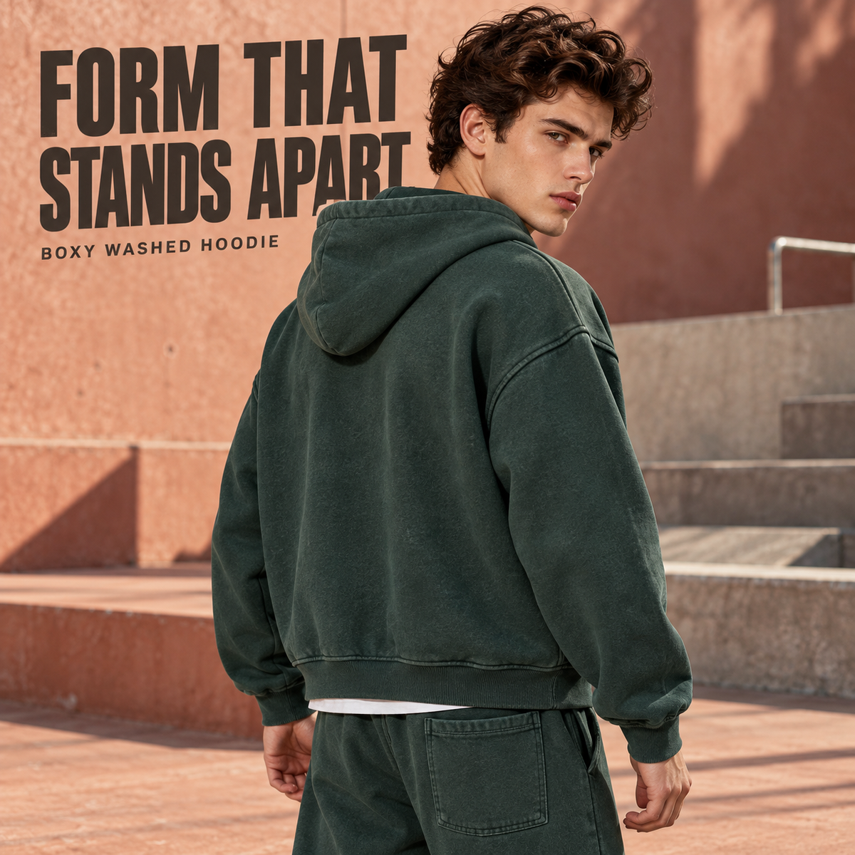 A60852 Vintage Forest boxy washed fleece pullover hoodie, rear or three-quarter styling view