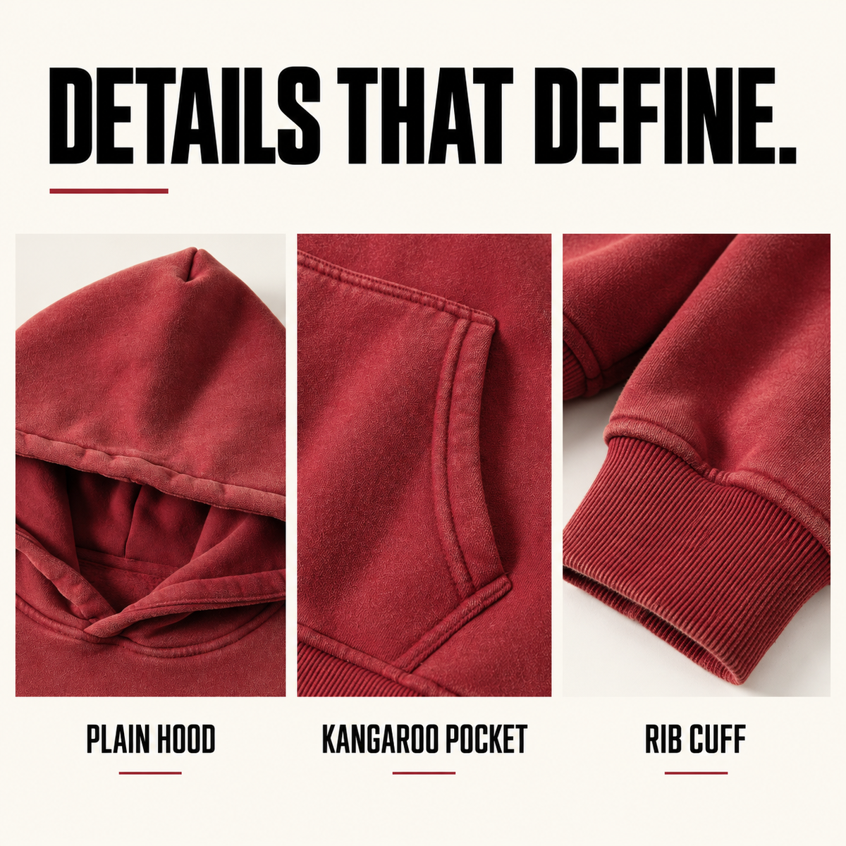 A60852 boxy washed fleece pullover hoodie, close-up construction details