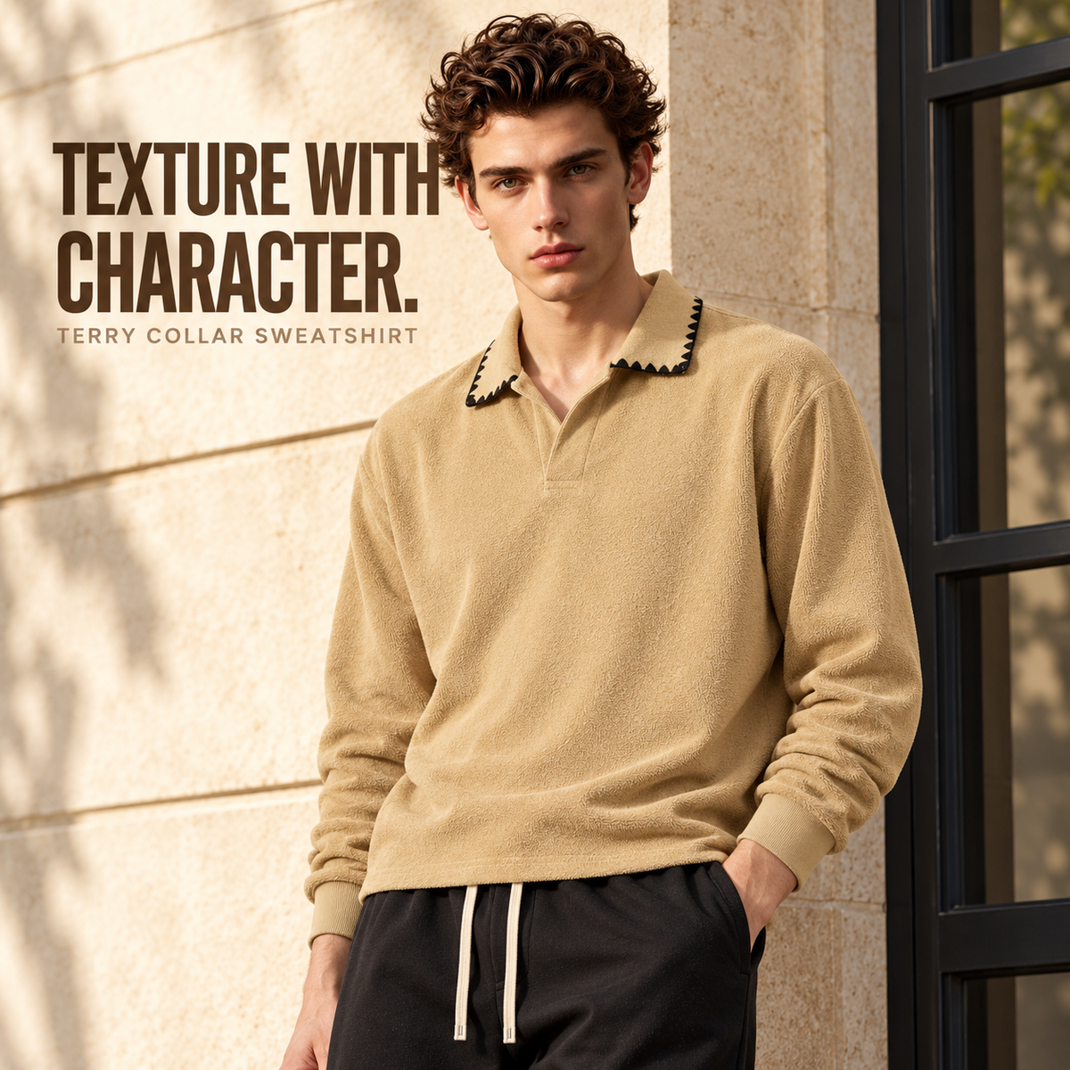 A61162 Khaki Apricot contrast-collar cotton terry sweatshirt, front styling view