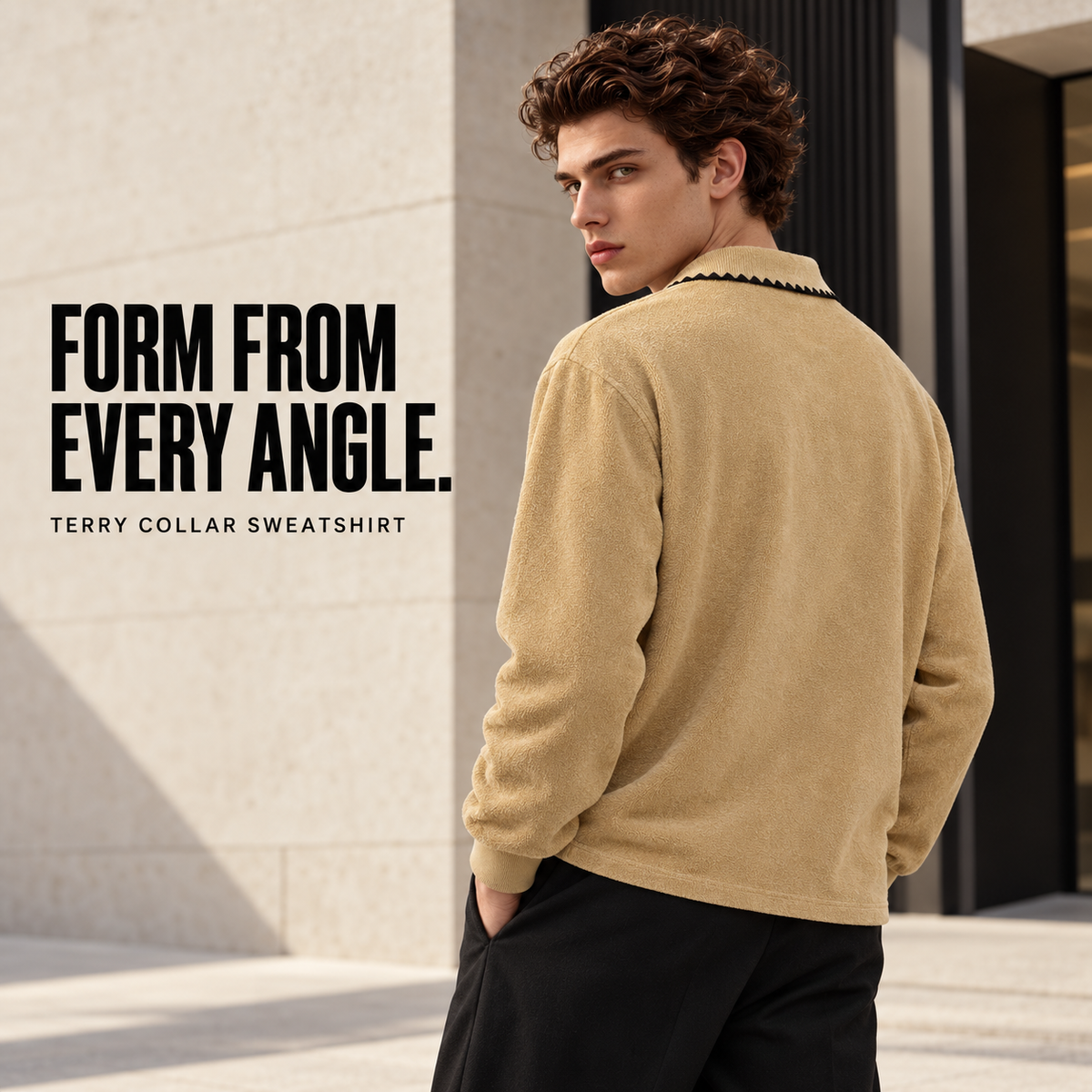 A61162 Khaki Apricot contrast-collar cotton terry sweatshirt, rear or three-quarter styling view