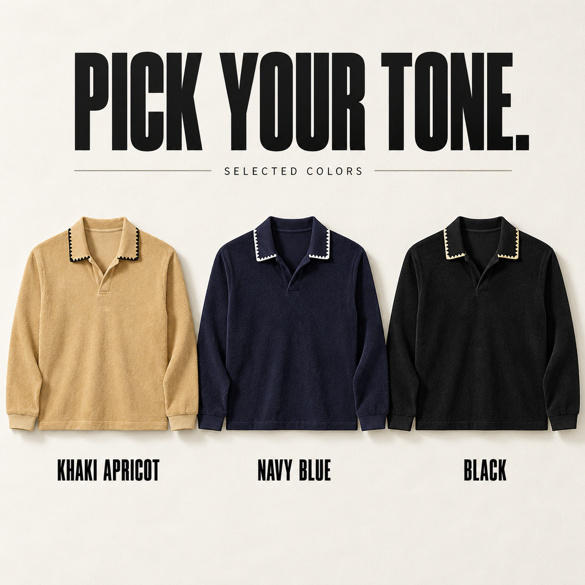 A61162 complete ready-stock color selection board showing Khaki Apricot, Navy Blue, Black