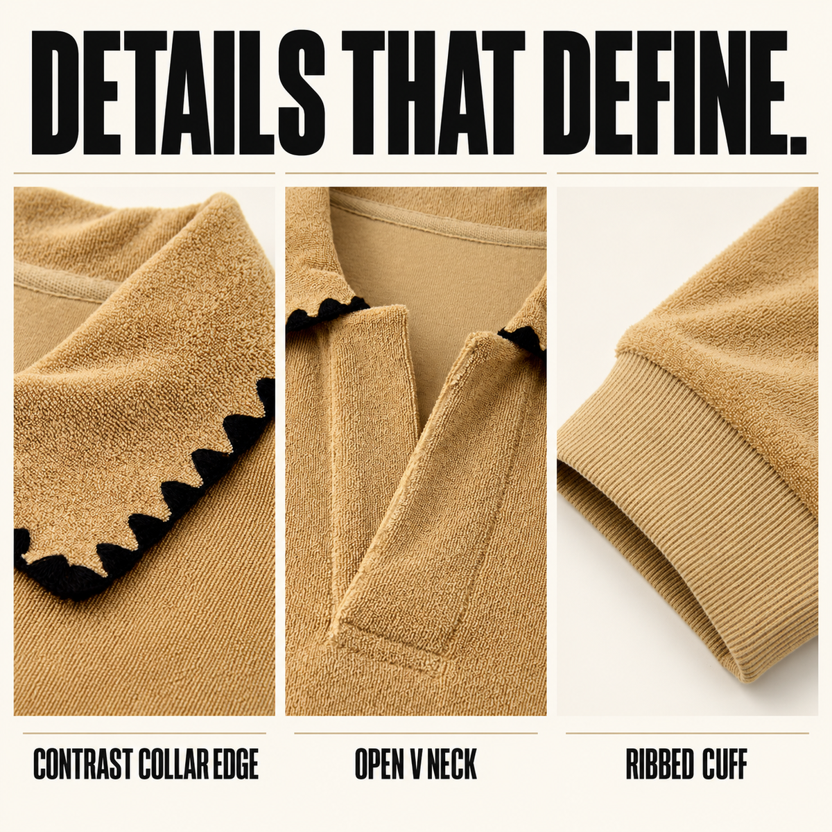 A61162 contrast-collar cotton terry sweatshirt, close-up construction details