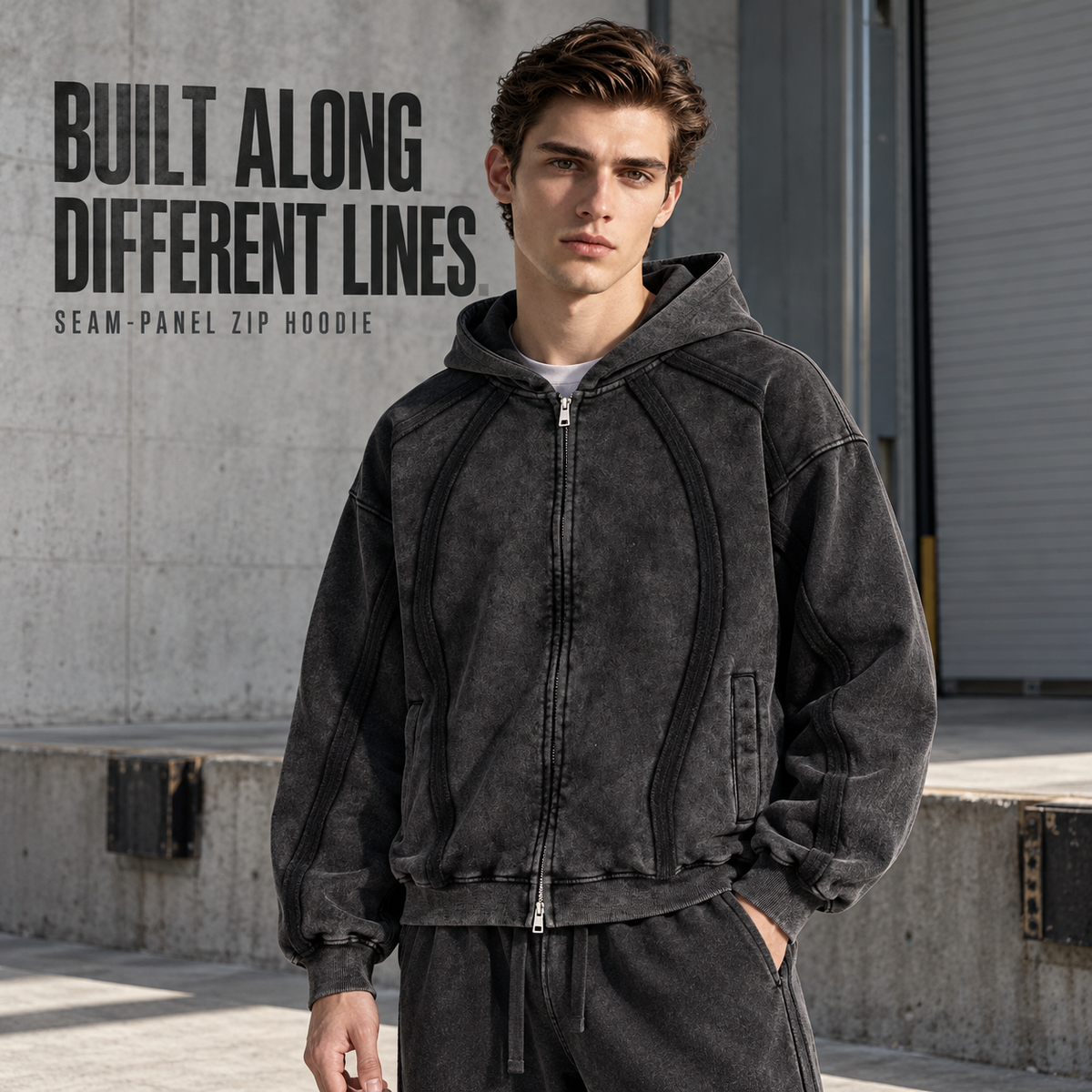 A61352 Snow-Wash Black washed panel-seam two-way zip hoodie, front styling view
