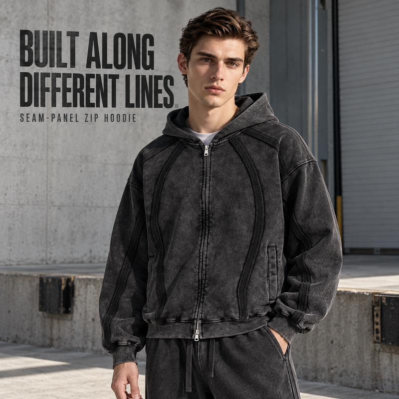 Washed Panel-Seam Two-Way Zip Hoodie