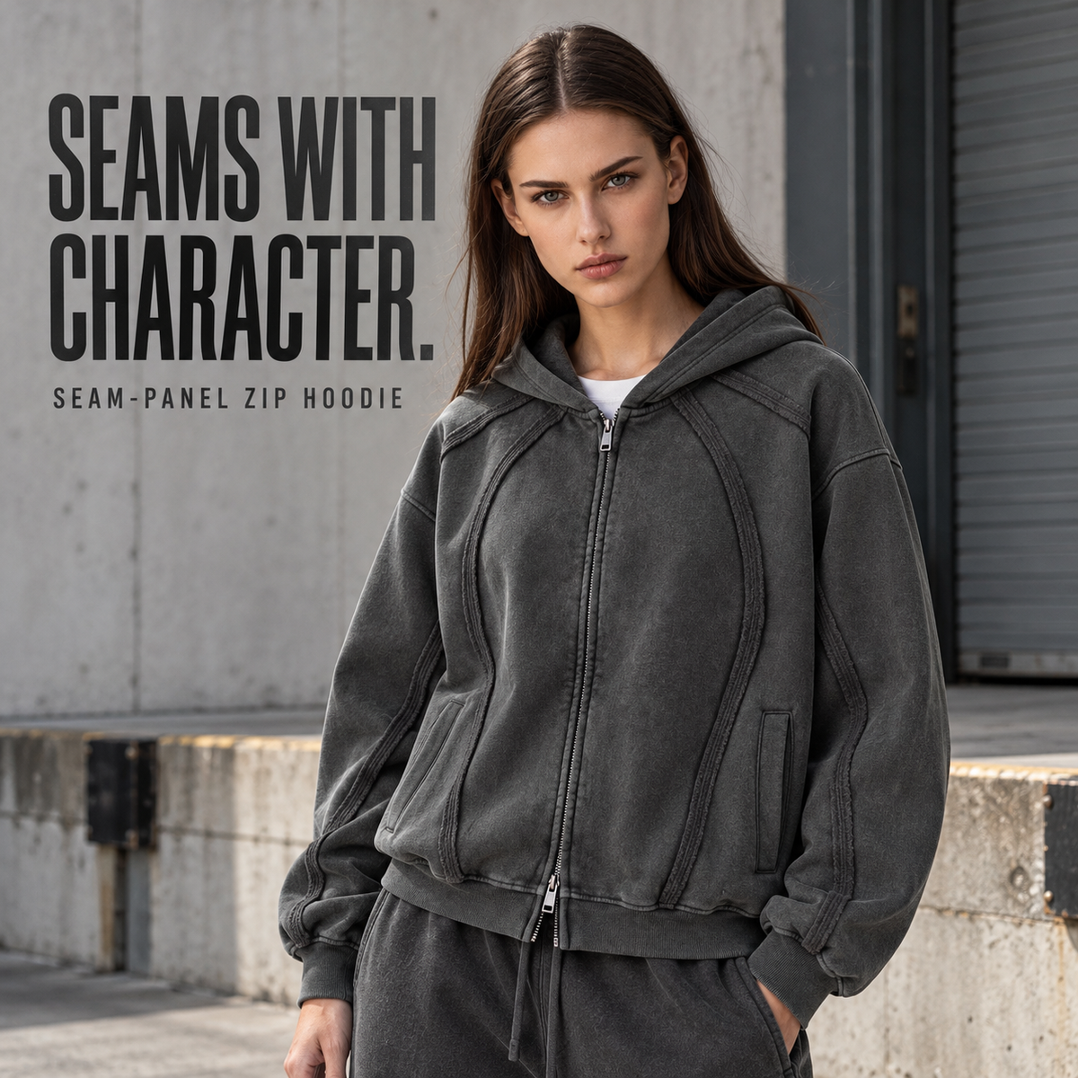 A61352 Dark Grey washed panel-seam two-way zip hoodie, alternate styling view